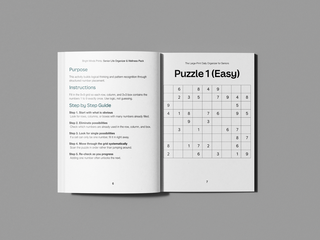 Bright Mind Printables Digital Product Large-Print Brain Games & Memory Activities