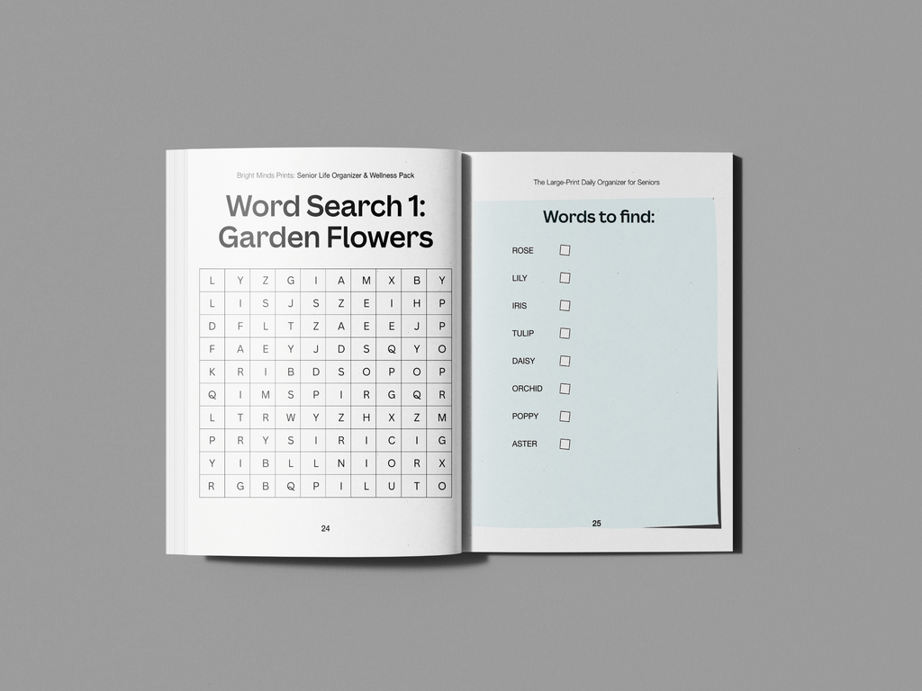 Bright Mind Printables Digital Product Large-Print Brain Games & Memory Activities