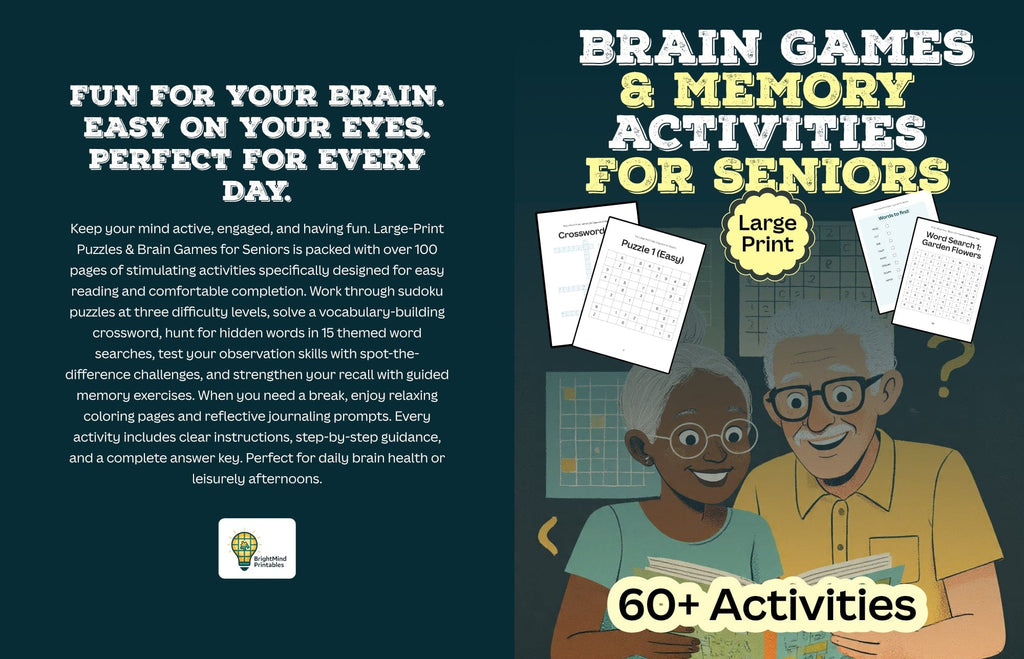 Bright Mind Printables Digital Product Large-Print Brain Games & Memory Activities